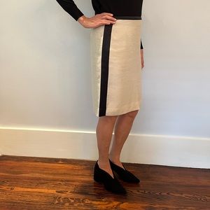 Jcrew cream silk blend pencil skirt with black satin stripes on sides